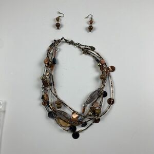 Women's Bronze Tone Multicolor Strand Beaded Necklace‎ Lobster Claw Earrings Set